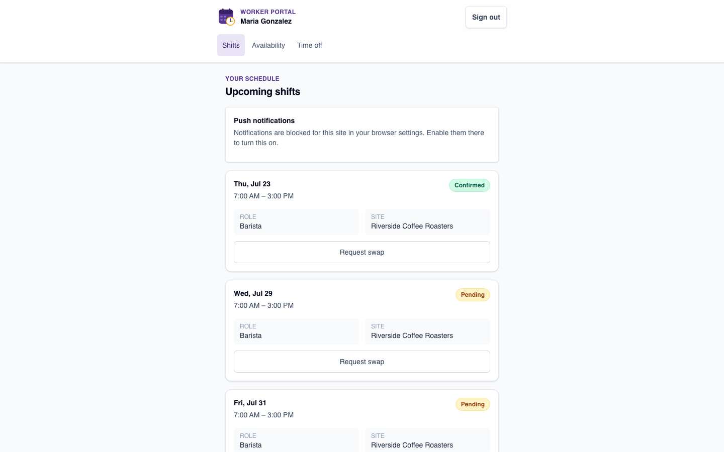 ScheduleSpark worker portal showing a worker's upcoming shifts with confirmed and pending status